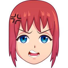Anime girl character headshot with red hair and blue eyes expressing anger with furrowed eyebrows and open mouth against a transparent background stylized illustration