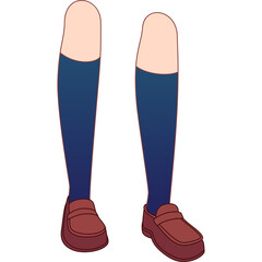 Anime School Girl Legs with Dark Blue Knee High Socks and Brown Loafer Shoes Isolated on...