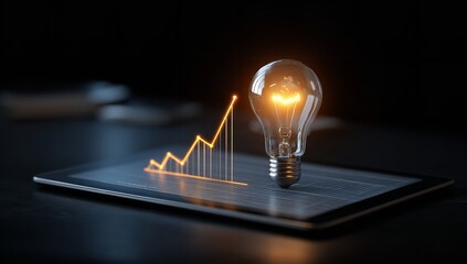 Illuminated lightbulb and rising bar graph on tablet symbolizing business growth and bright ideas driving success