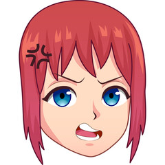 Anime Style Illustration of a Young Woman With Pink Hair Showing Anger With Frown and Open Mouth In A Close Up Portrait On A Transparent Background