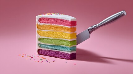 A vibrant slice of rainbow cake is cut by a silver knife.