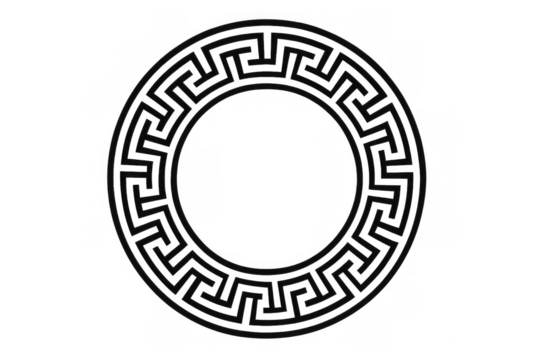 Circular traditional greek key meander pattern creating an ornamental geometric frame design with transparent background