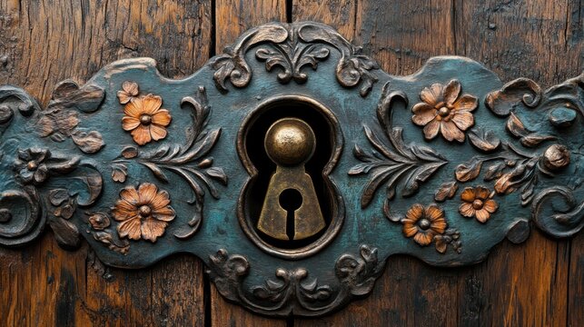 Intricate vintage door lock with ornate design on wooden panel in historic building, capturing craftsmanship and timeless elegance