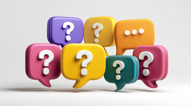 A survey chat speech bubbles with question mark symbol. Clarification, question, FAQ, QA concept. Survey reaction 3d icon illustration isolated on transparent background Stock Illustration