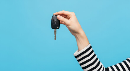 Car Key Held Up in Hand on Blue: Vehicle Access, Modern Transportation, Automobile Safety, Remote Control, Security Technology, Drive Unlock