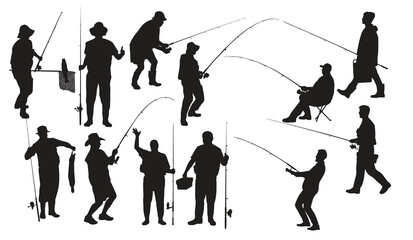 collection of fisherman silhouettes in different positions 