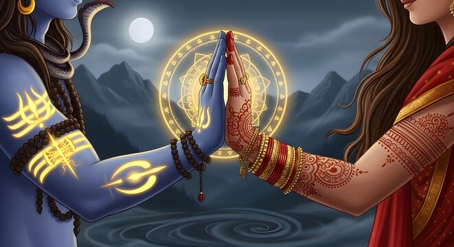 Lord shiva and goddess parvati touching hands in a divine union, surrounded by a mystical aura and celestial elements, symbolizing cosmic balance and spiritual connection