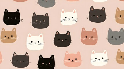 Cute cartoon cat faces in various colors fill a patterned background.