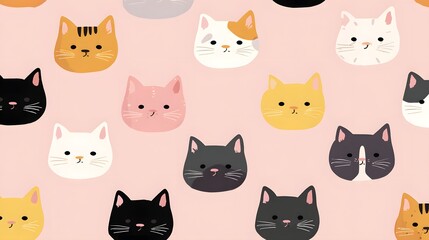 Diverse cat faces in a cute and playful pattern on a pink background.