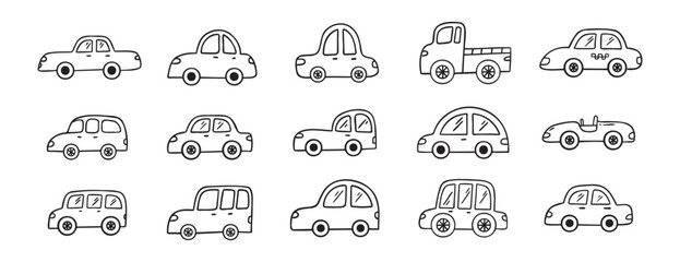 Car doodle hand drawn line icon set. Car drawing outline clipart