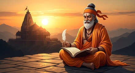 An ancient indian sage, with a long white beard and orange robes, sits in a meditative pose on a stone platform, writing in a book with a feather quill as the sun sets behind a temple