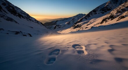 Golden light from a winter sunrise illuminates footprints in the fresh snow of a remote alpine valley