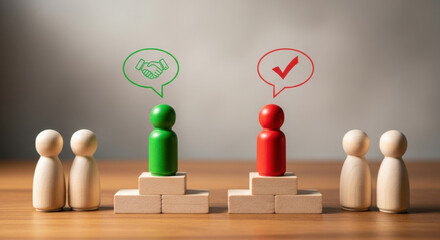 Agreement Negotiation Concept With Wooden Figures Depicting Consensus Versus Disagreement Business Deal Resolution and Conflict Management