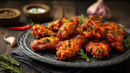 A platter of spicy baked chicken wings with herbs is served.