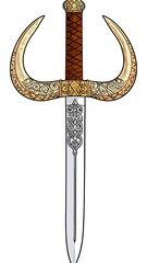 A decorative sword with a unique, golden hilt design and ornate blade details