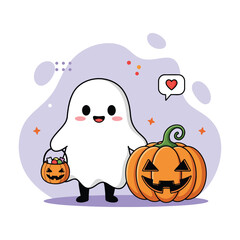 Cute Halloween Ghost Trick or Treating with a Jack O Lantern Pumpkin