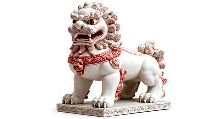 A decorative, white and red, mythical beast statue on a white background
