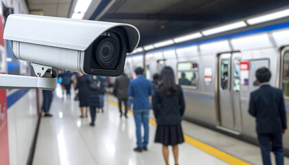 Obraz premium CCTV camera monitoring subway platform, passengers waiting for train