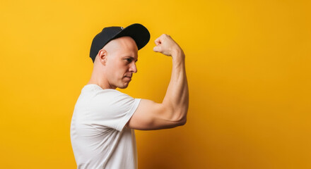 Athletic Bald Man With Black Cap Showing Muscles On Yellow Background Concept Strong Healthy Lifestyle Bodybuilding Fitness