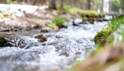Fototapeta premium Mountain stream or river in a forest, spring nature landscape