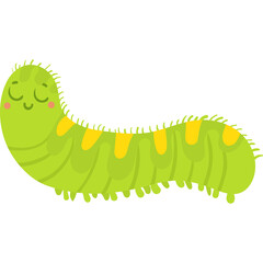 Cute Green Cartoon Caterpillar With Yellow Stripes And Closed Eyes Illustration Isolated On White Background