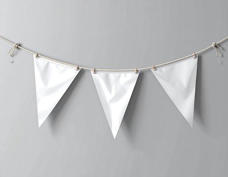 Three blank white triangular flags strung on a rope with knots and clothespins against a solid grey background
