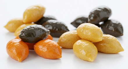 Colorful small glazed sweet confections in vibrant yellow, warm orange, and deep dark hues, piled on white, showcasing their glossy texture and delightful appeal