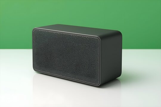 Modern dark gray Bluetooth speaker with perforated grille on a reflective white surface against a bright green background.