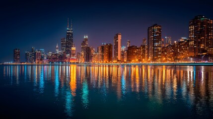 Fototapeta premium City skyline illuminated at night with water reflections.