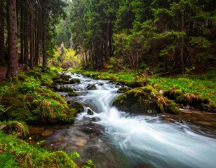 Obraz premium Mountain stream or river in a forest, spring nature landscape