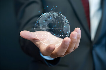 Hand Holding Holographic Globe – Futuristic Technology and Digital Network Illustration