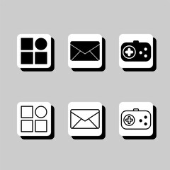 A set of icons for a computer desktop, including a camera, a game controller