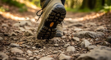 Hiking Boot on a Rocky Forest Trail