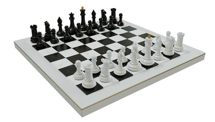 Elegant Chess Set on White Board with Black and White Pieces on Transparent Background.