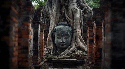 Serene countenance, ancient statue cradled by tree roots within crumbling brick temple ruins, peaceful.