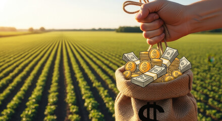 Agricultural Investment Hand Holding Sack of Money Over Field Farm Land Landscape Scene Financial Growth Business Rural Economy Success Opportunity
