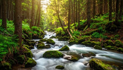 Mountain stream or river in a forest, spring nature landscape