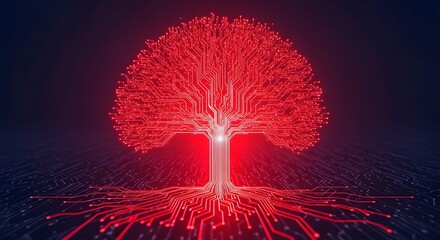 A network of red light traces the shape of a tree, illuminated and glowing against a dark background.
