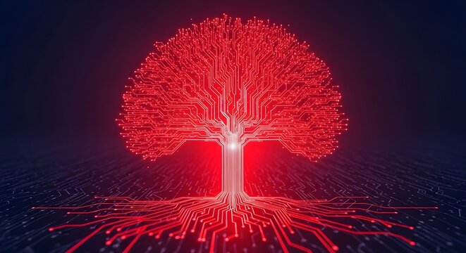 A network of red light traces the shape of a tree, illuminated and glowing against a dark background.