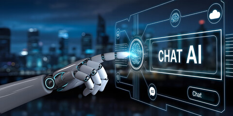 Robotic Hand with Chat AI Holographic Interface – Futuristic Artificial Intelligence and Technology Illustration