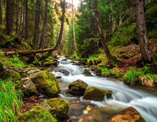 Obraz premium Mountain stream or river in a forest, spring nature landscape