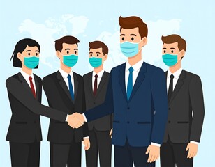 Fototapeta premium Group of business people wearing face masks and shaking hands in front of a world map, representing workplace safety