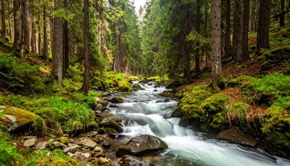 Fototapeta premium Mountain stream or river in a forest, spring nature landscape