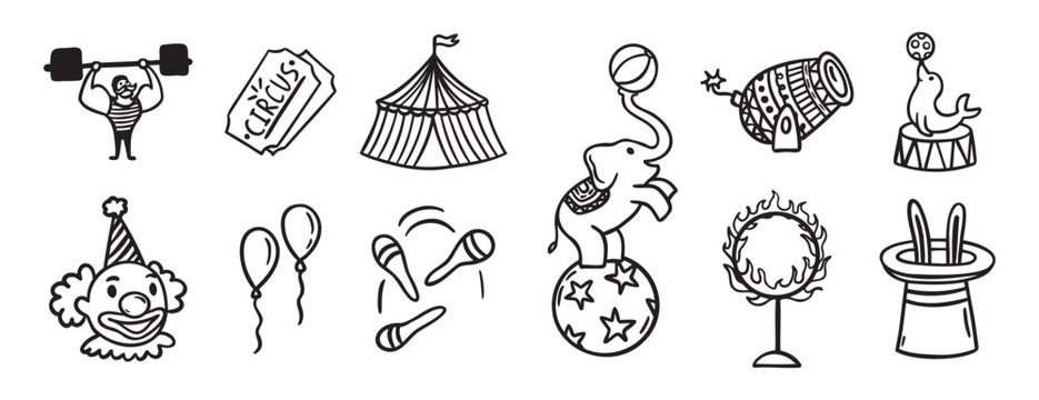 Circus doodle hand drawn icon set. Outline drawing circus line clipart symbol collection