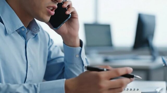 Man in blue shirt on phone taking notes with pen at desk with computers in blurred background