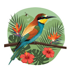 Obraz premium A vibrantly colored bird perched on a branch with tropical flora