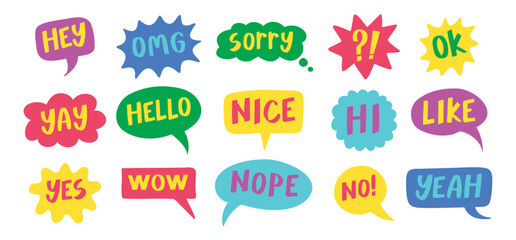 Thought bubbles handwritten words expressions, comic chat stickers collection. Speech clouds set. Funky typography design element, retro style messages. Like, yes, No, Wow and Ok.