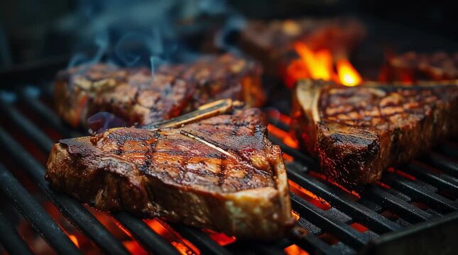 Cooking grass fed organic beef T-bone steak  barbecue, charcoal-grilled, beef steak cooking, ,	
