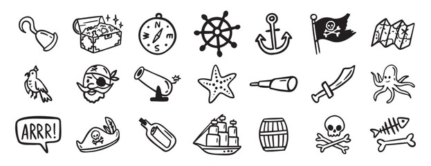 pirate adventure and sea elements. ship, coins, bottle, anchor doodle hand drawn icon set. Outline drawing pirate sea adventure line clipart symbol collection © Yanka