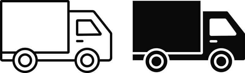 (Editable) Adobe Illustrator Artwork; Premium Quality Line Art and Silhouette (Pack) - Outline and solid delivery trucks, freight service, trucking industry icons